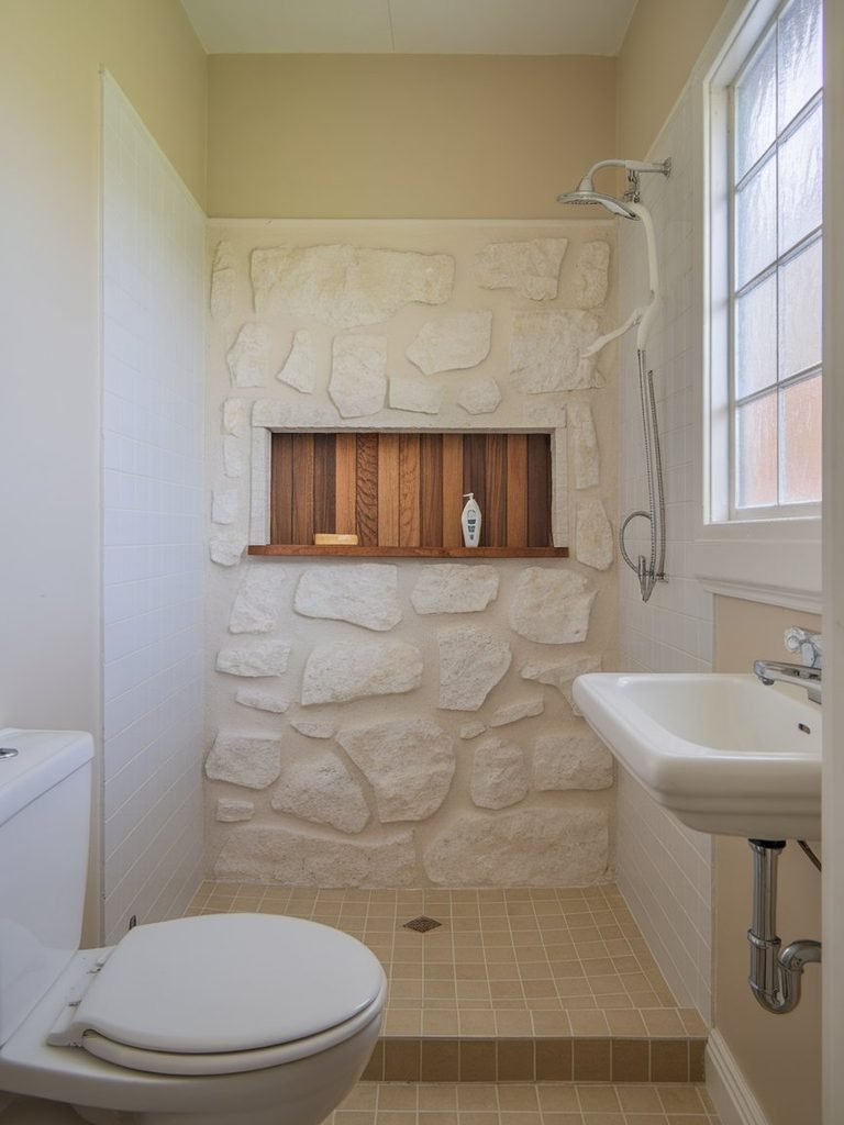 Recessed shower niche providing storage without adding visual clutter to a small bathroom.