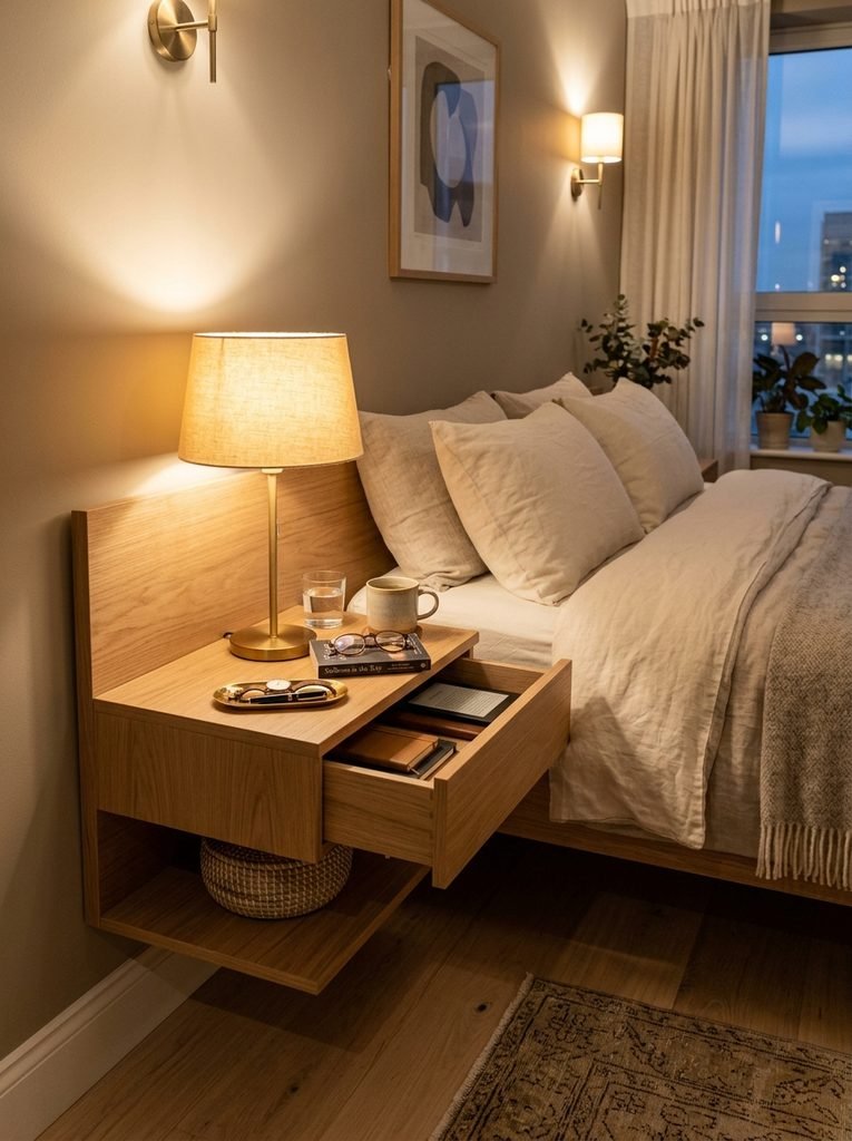 Refined bedside arrangement with concealed storage and warm lighting in an apartment bedroom.