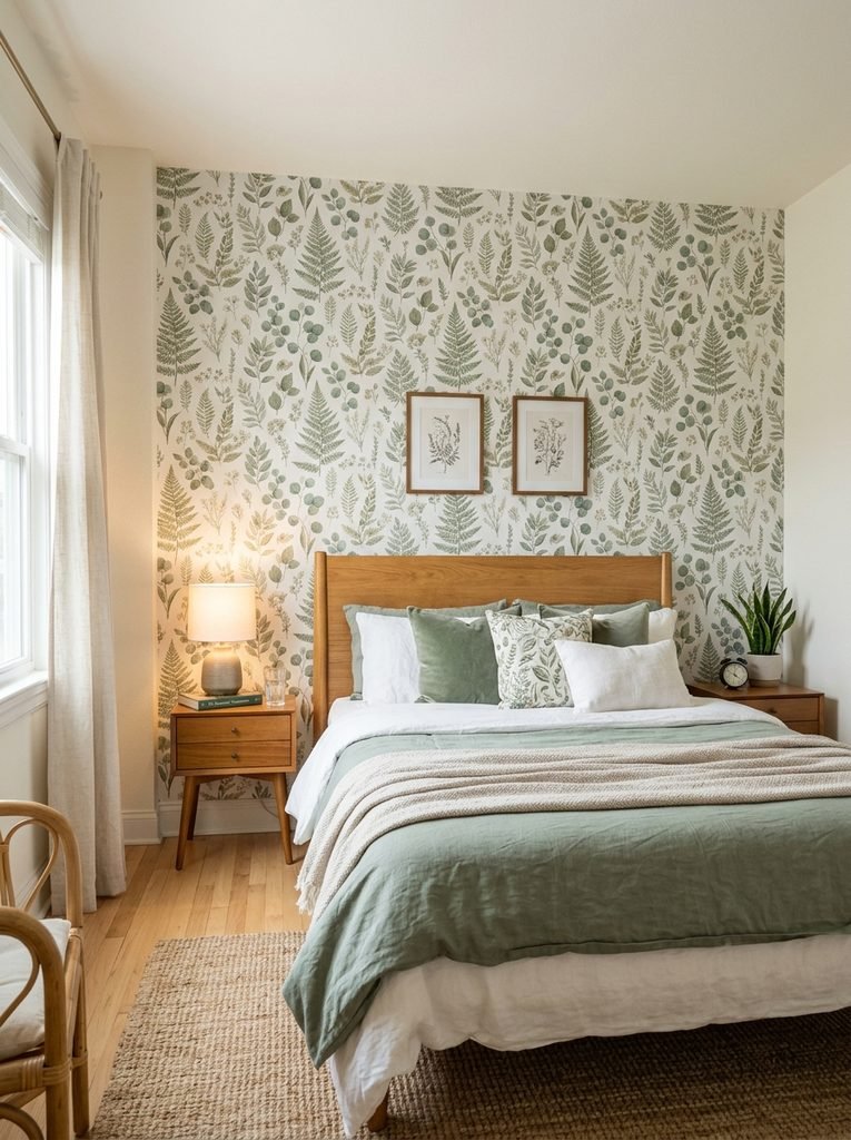 Sage green botanical peel-and-stick wallpaper on a rental bedroom accent wall.
