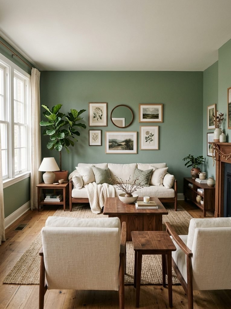 Sage green living room wall paired with walnut wood furniture and cream upholstery for a calm year-round color scheme.