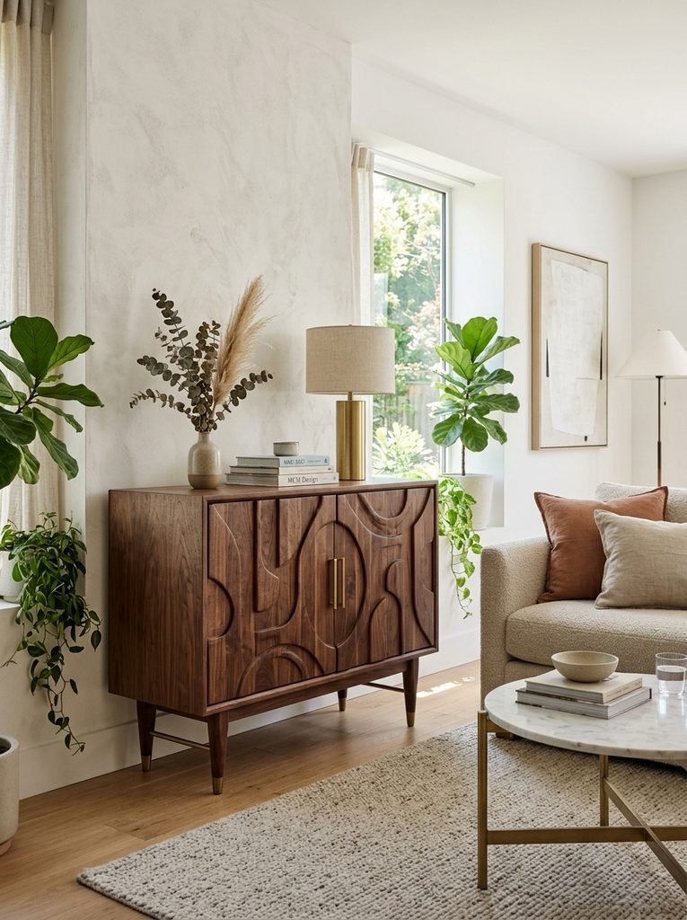 Sculptural walnut storage cabinet styled as decorative furniture in a modern living room.