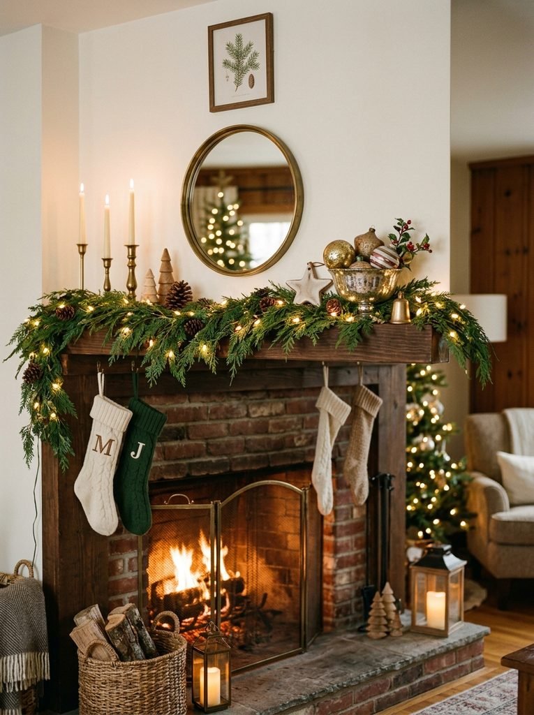 Simple Christmas mantel decorated with garland, warm lights, and one ornament grouping