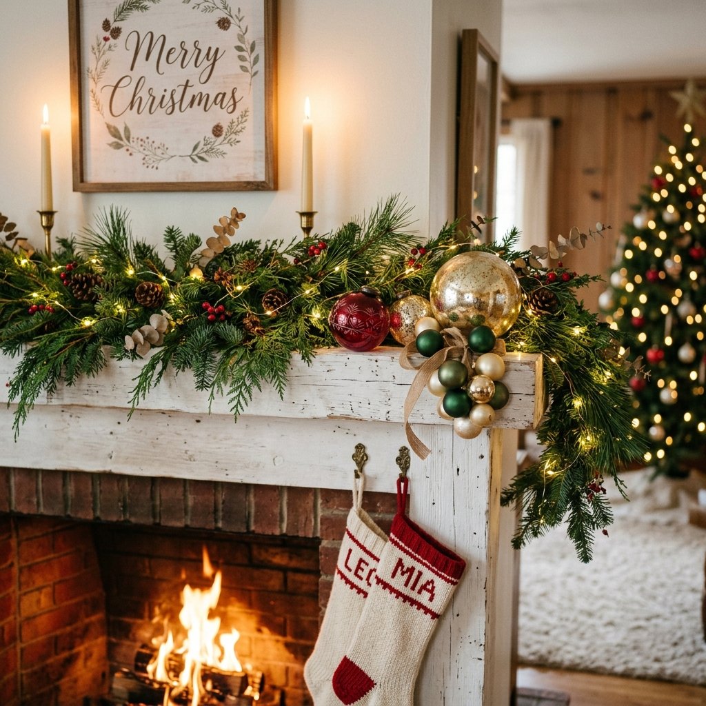 Simple Christmas mantel decorated with garland, warm lights, and one ornament grouping