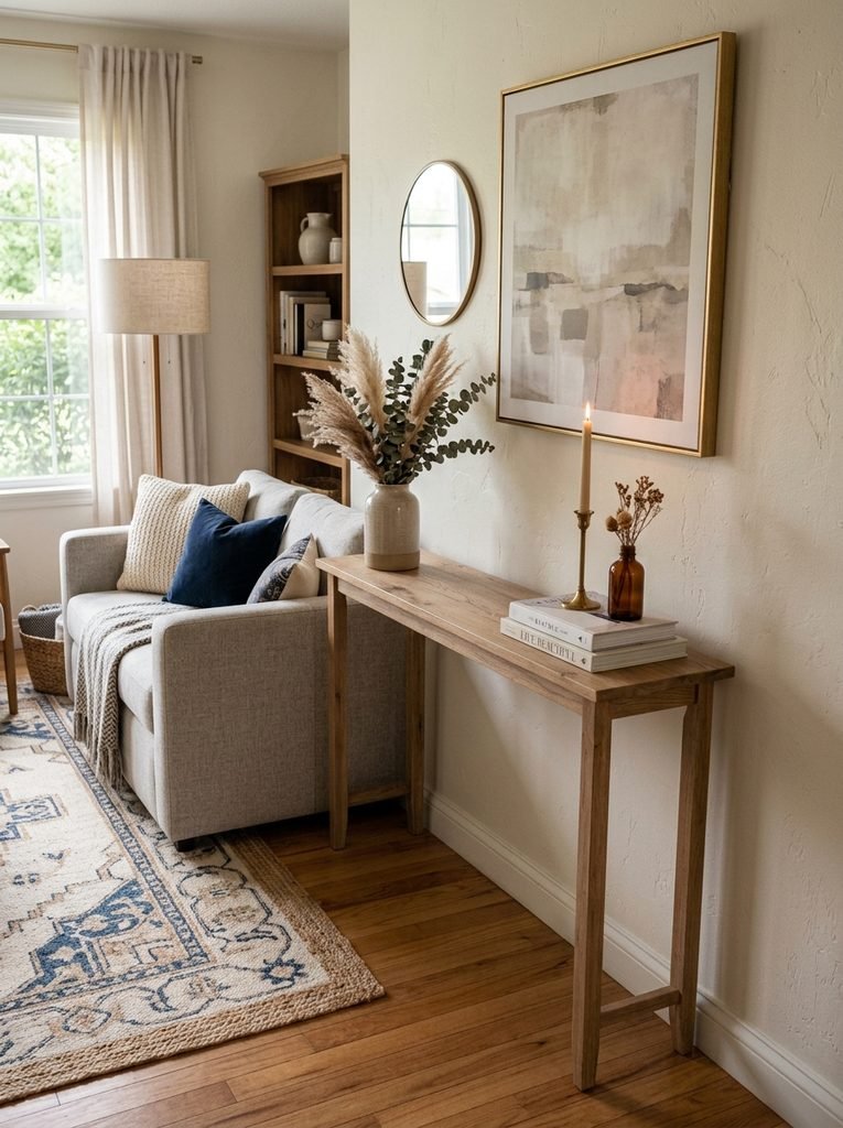 Slim console behind a sofa providing subtle storage and decorative styling.