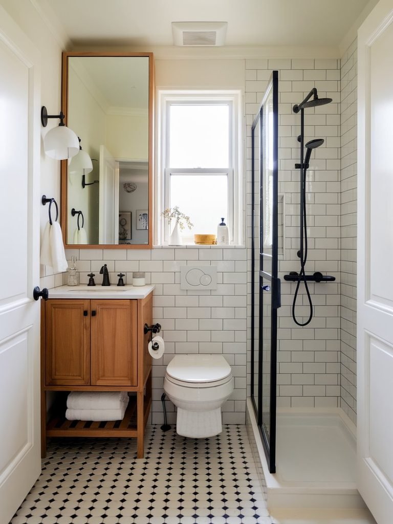 Small bathroom layout with the vanity near the door and the shower at the far end to keep sightlines open.