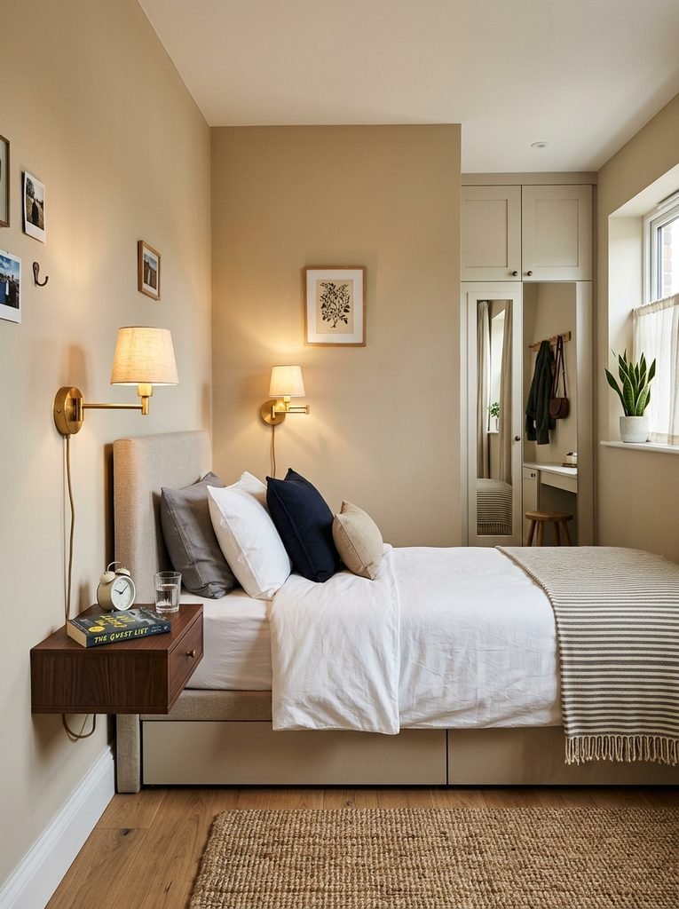 Small bedroom using space-saving hotel-style details including a wall sconce instead of a second nightstand.