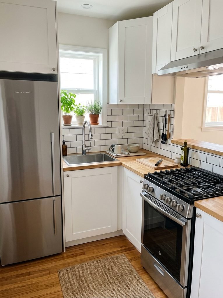 Small kitchen layout showing the short working path between the refrigerator, sink, and stove