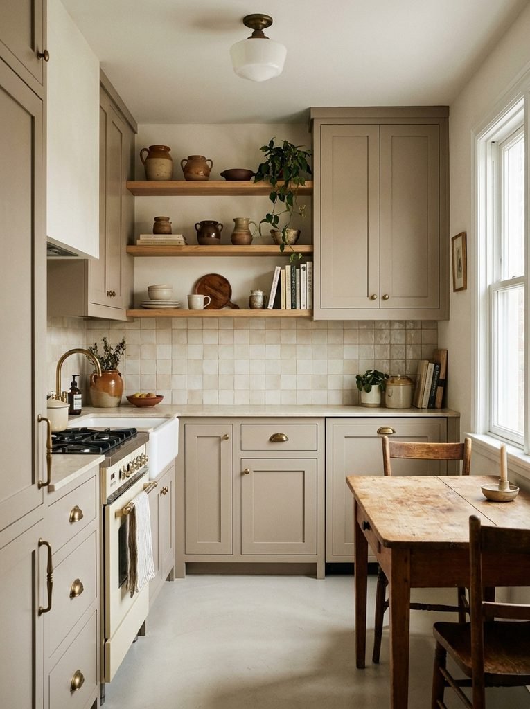  Small kitchen with warm neutral cabinets, light oak shelving and creamy backsplash.