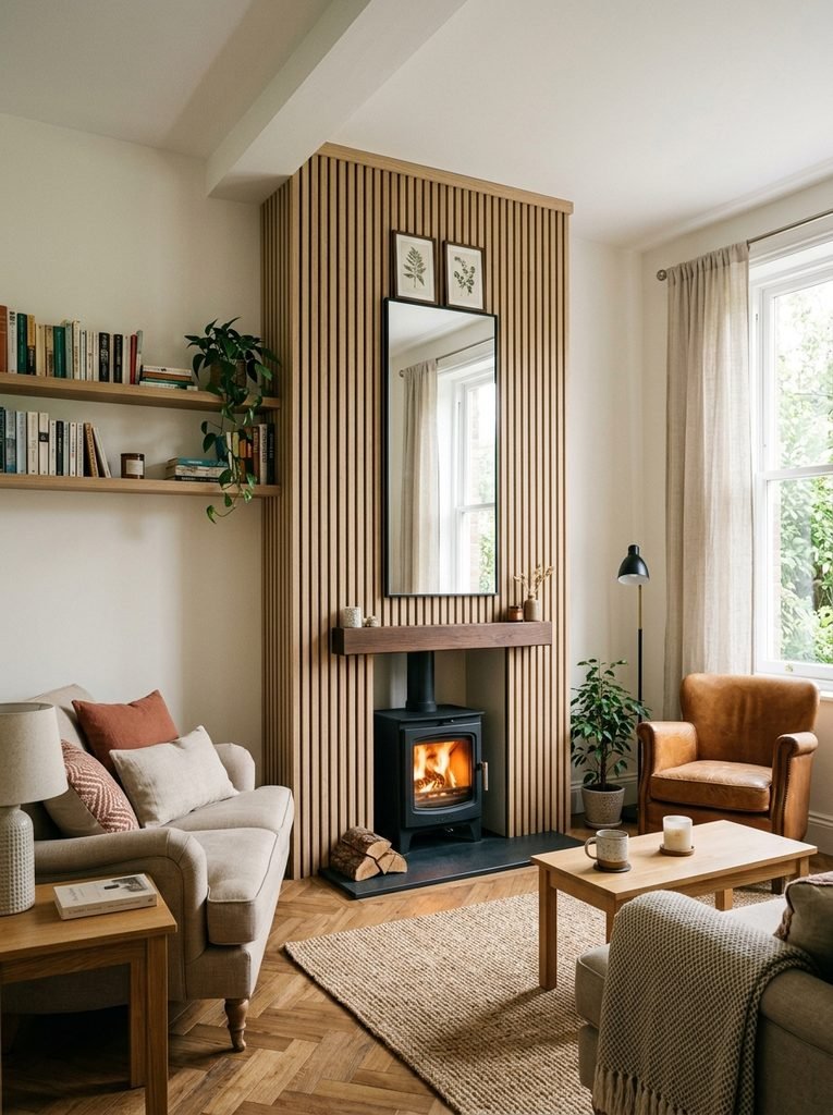 Small living room using vertical wall treatment to make a compact fireplace appear taller.