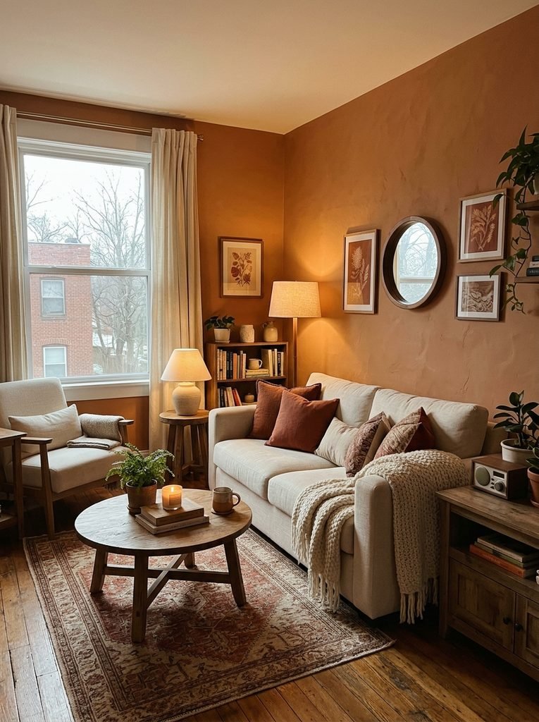 Small living room with clay colored walls and cream furniture designed to stay warm and inviting in low natural light.