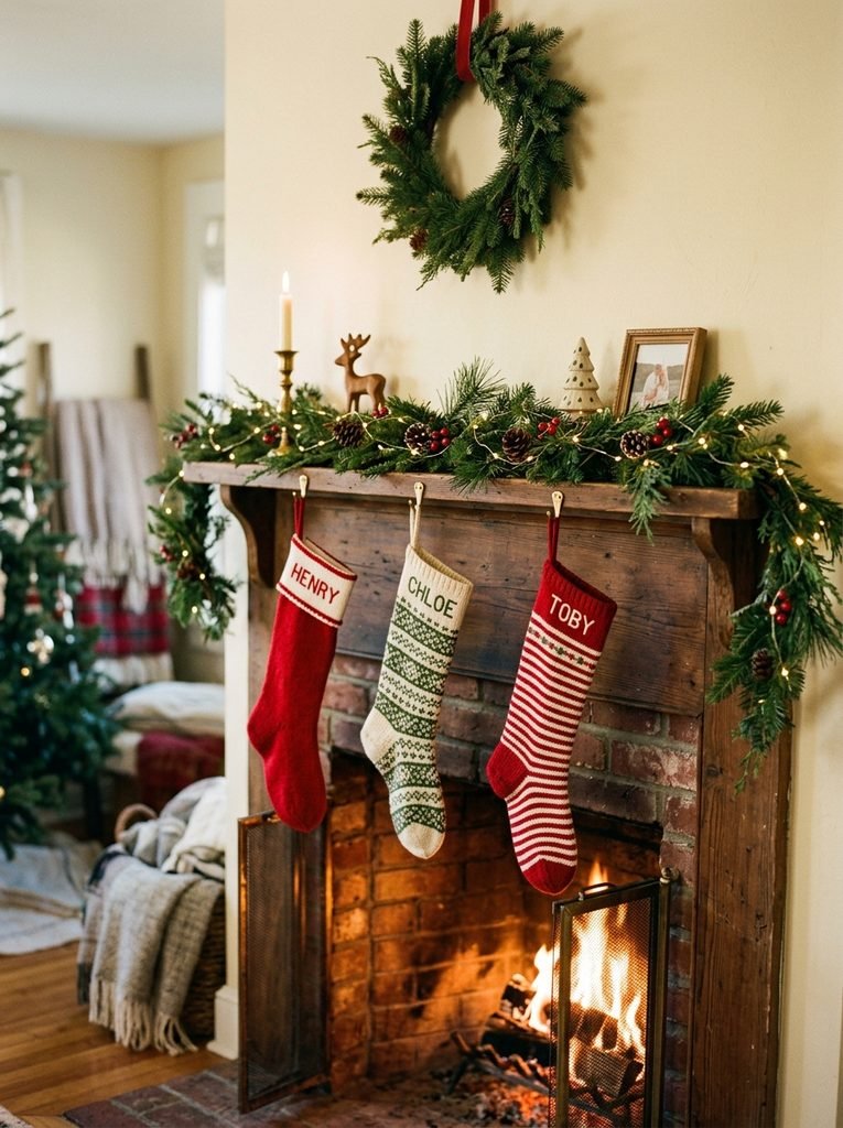 Small narrow mantel decorated simply for Christmas with garland and stockings
