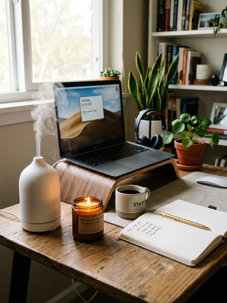 Small sensory details like a diffuser and candle used to mark the start of a home office work session