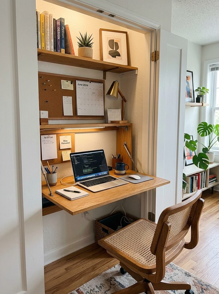 Small-space home office idea using a fold-down wall desk inside a converted closet nook.