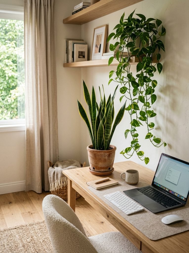 Snake plant and trailing pothos adding natural texture to a warm, minimalist home office.