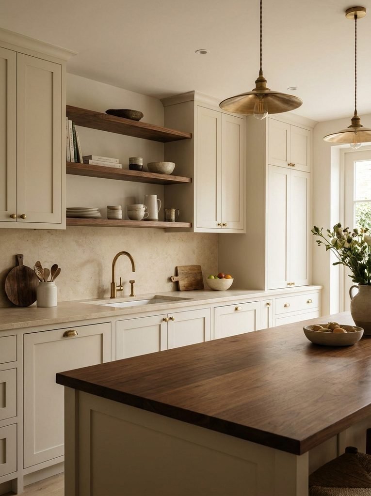 Soft warm-white kitchen cabinets with walnut, creamy stone and aged brass details.