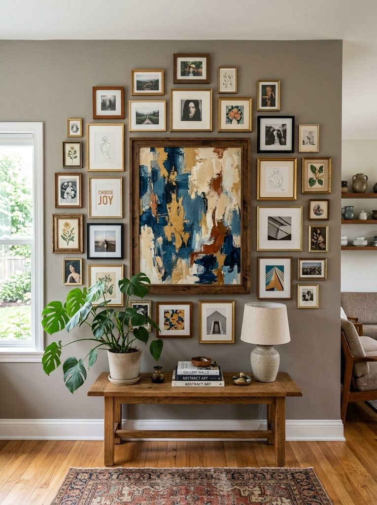 Gallery wall built around one large anchor piece with smaller frames radiating outward