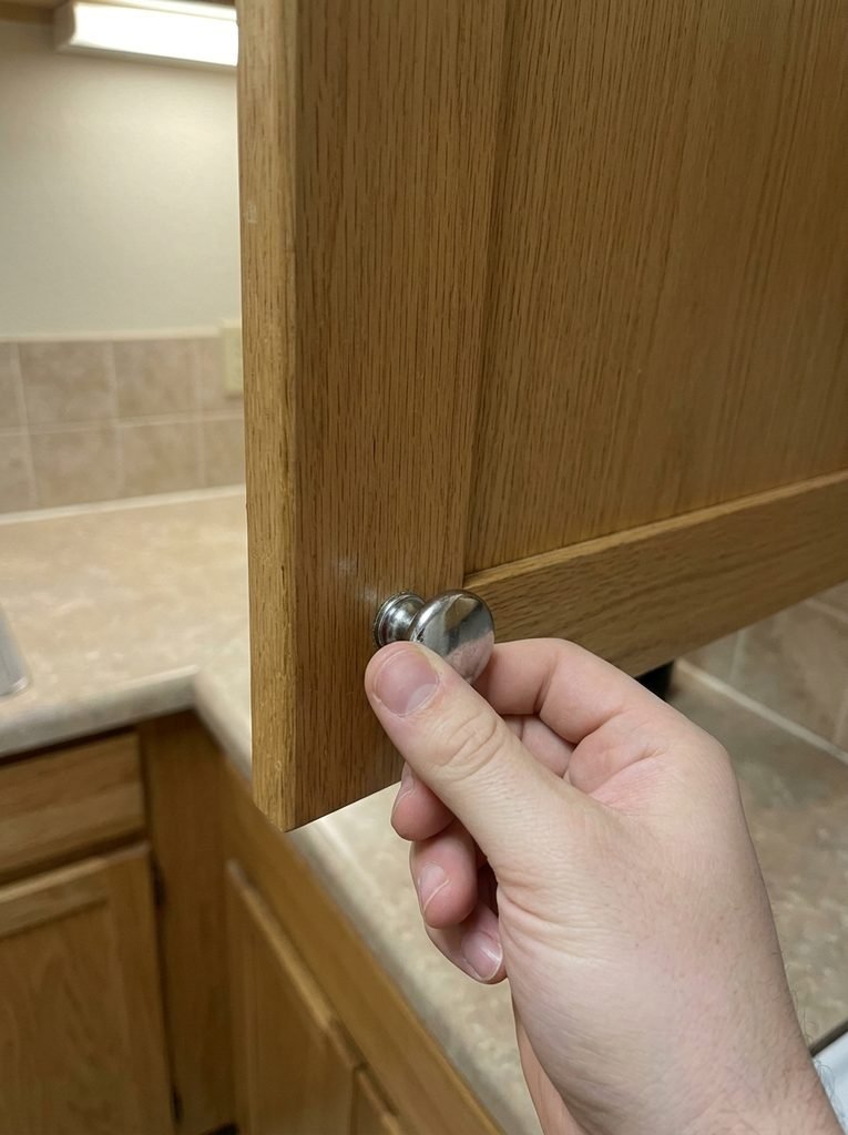 Swapping builder-grade cabinet knobs for brushed brass pulls in a rental kitchen.