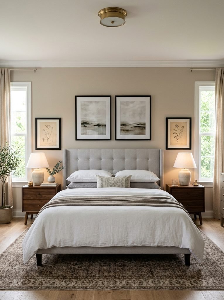  Symmetrical bedroom layout with matching nightstands, lamps, and framed art on either side of the bed.