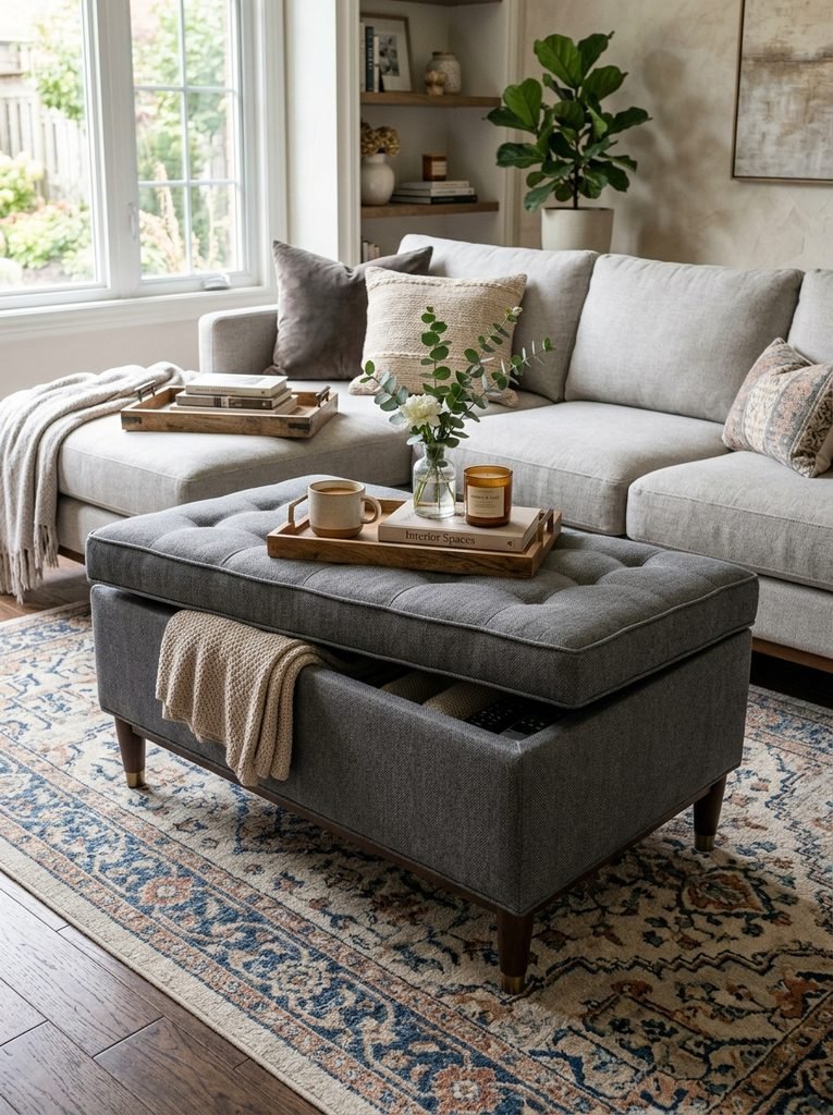 Tailored upholstered storage ottoman styled as living room furniture.