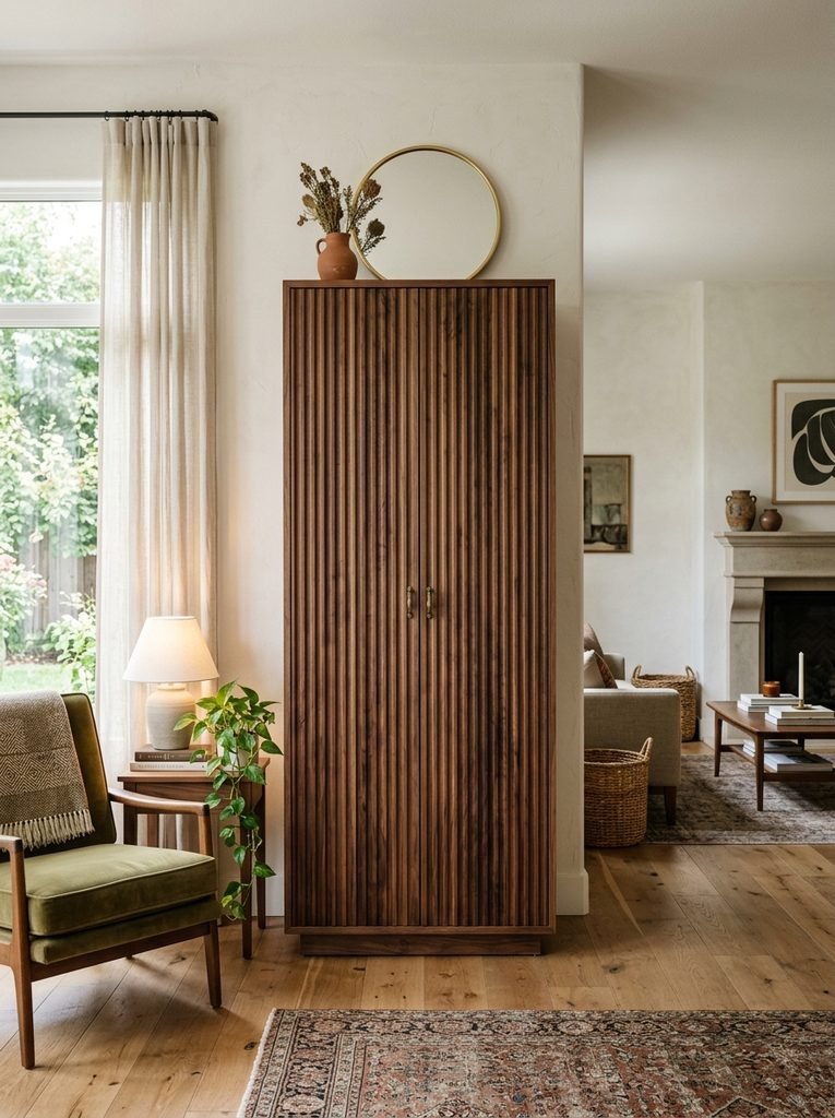 Tall fluted walnut cabinet used as a vertical decorative feature in a living room.