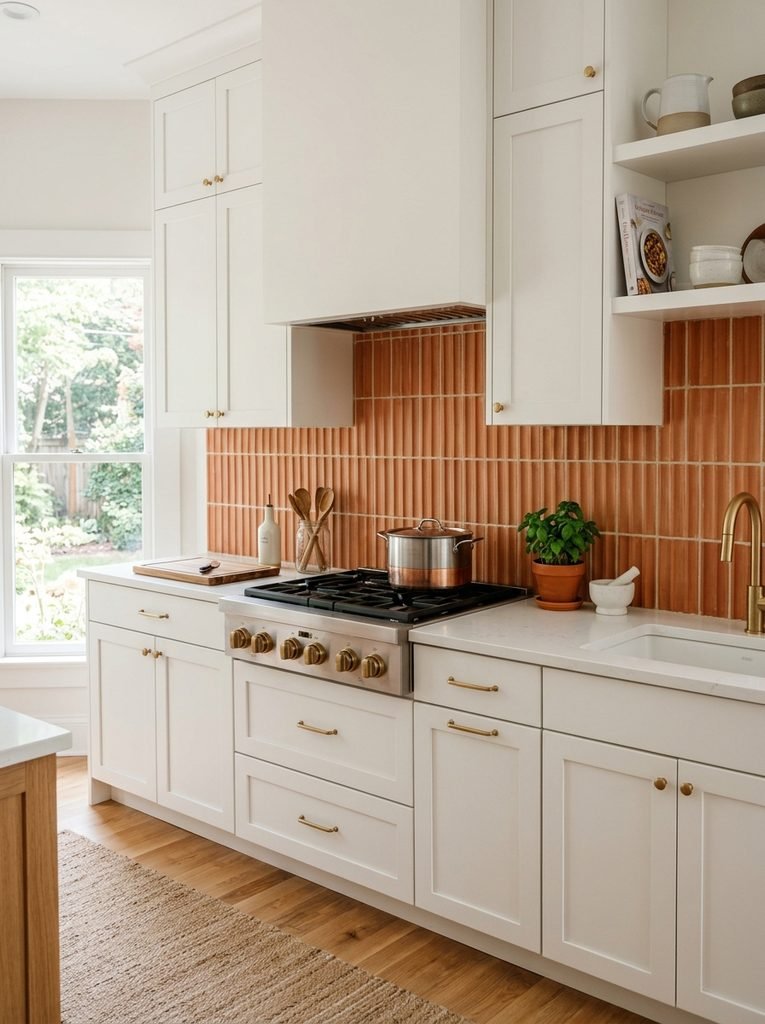 Terracotta fluted tile backsplash contrasting with white kitchen cabinets.