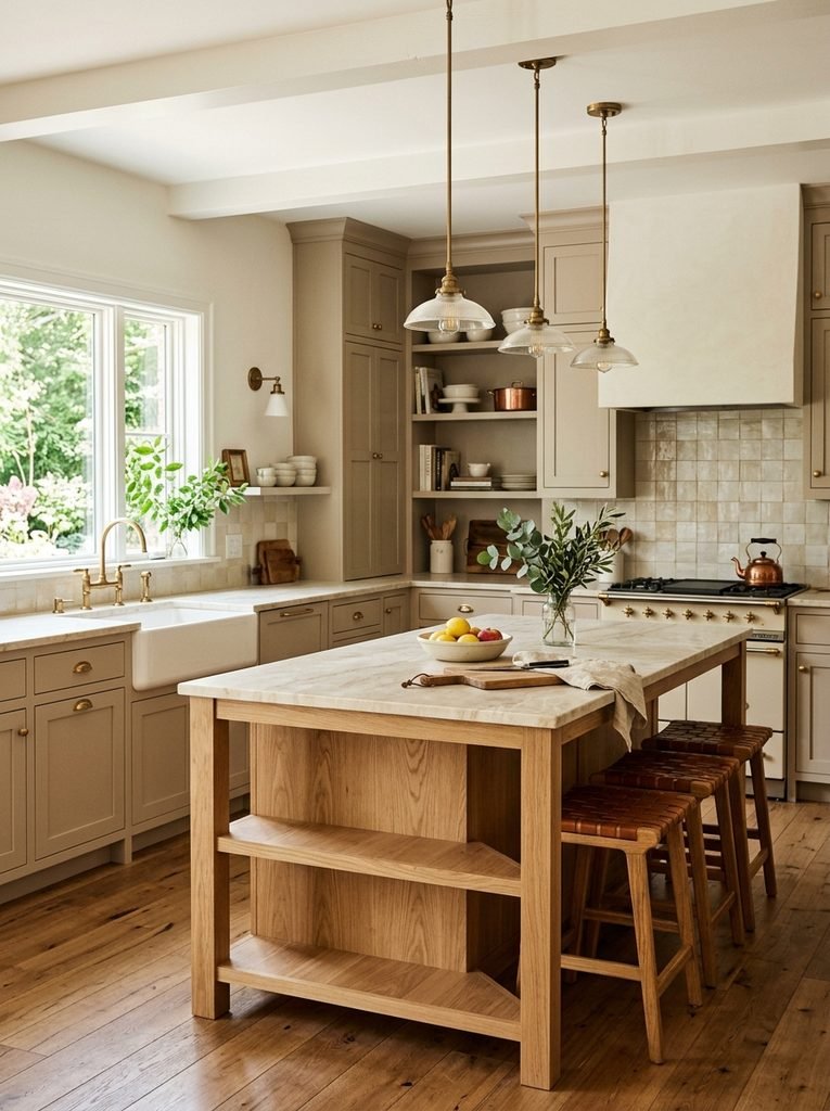 Timeless kitchen with warm neutral cabinets, oak island, brass hardware and creamy stone surfaces.