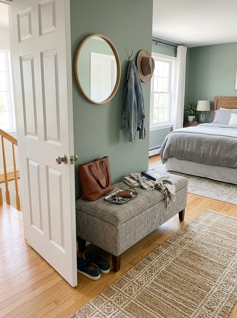 Upholstered entry bench used as a landing zone in a bedroom near the door.