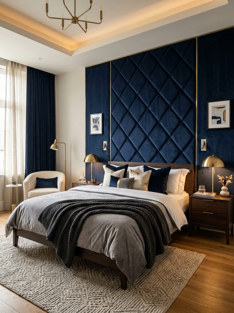 Upholstered feature wall creating a boutique hotel look in an apartment bedroom.