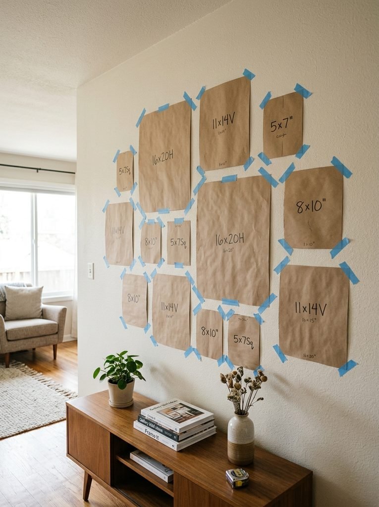 Paper templates taped to a wall to plan gallery wall spacing before hanging