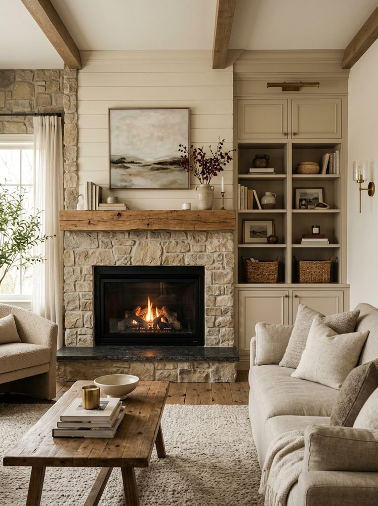 Versatile fireplace wall combining modern, traditional and natural materials in a warm neutral interior.