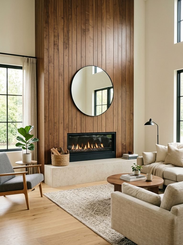 Vertical walnut panel fireplace wall with limestone hearth and neutral modern furniture.
