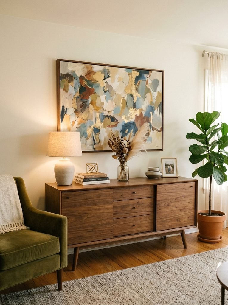 Walnut sideboard styled beneath large artwork as a decorative living room focal point.