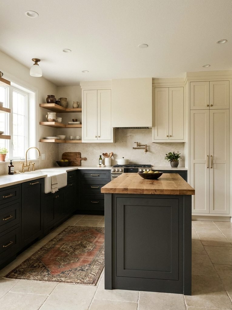 Warm charcoal kitchen cabinetry balanced with cream cabinets, oak and light limestone.