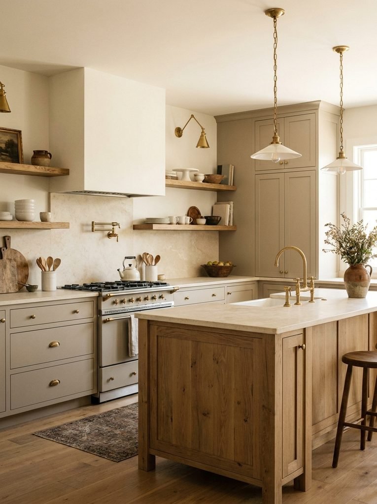 Warm greige kitchen cabinets paired with oak, cream stone and aged brass finishes.