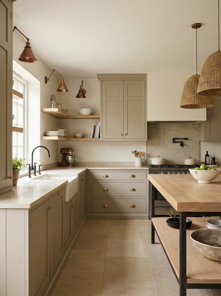 Warm greige kitchen cabinets with pale oak, stone and mixed metal accents.