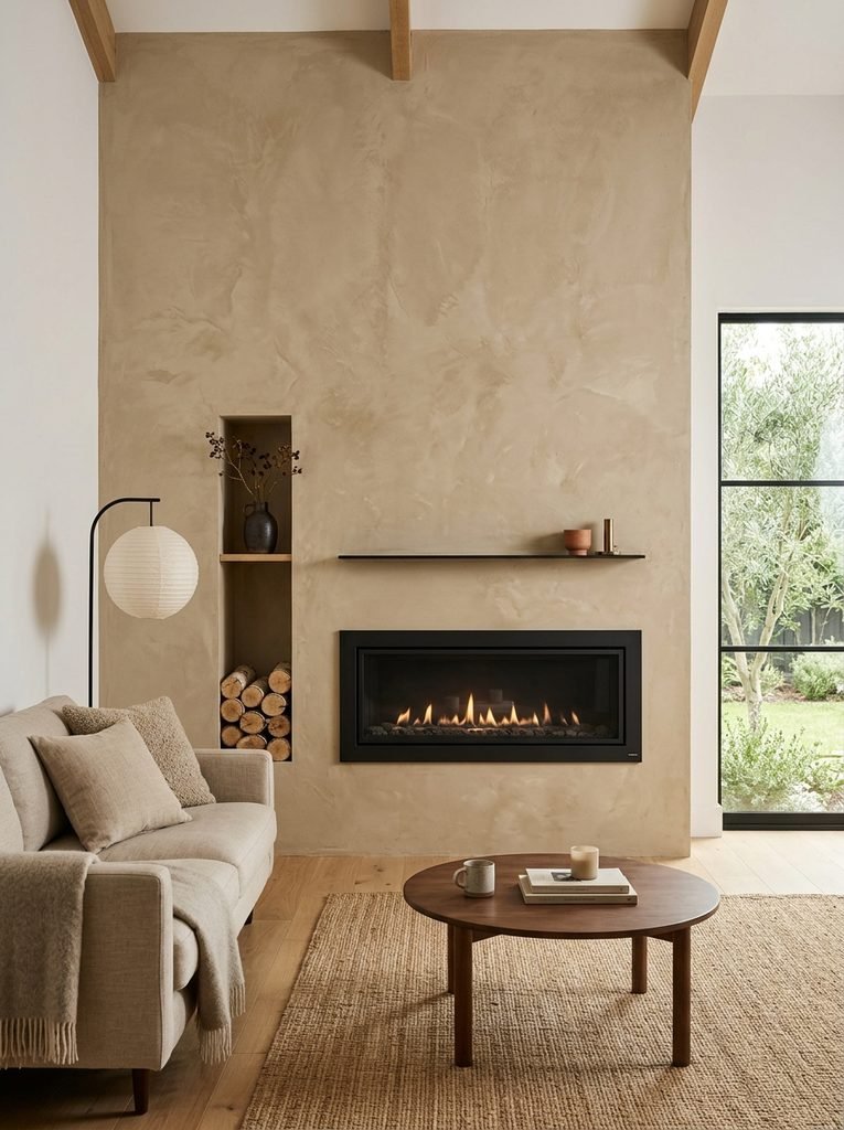 Warm lime-plaster fireplace wall with a slim black fireplace in a minimalist living room.