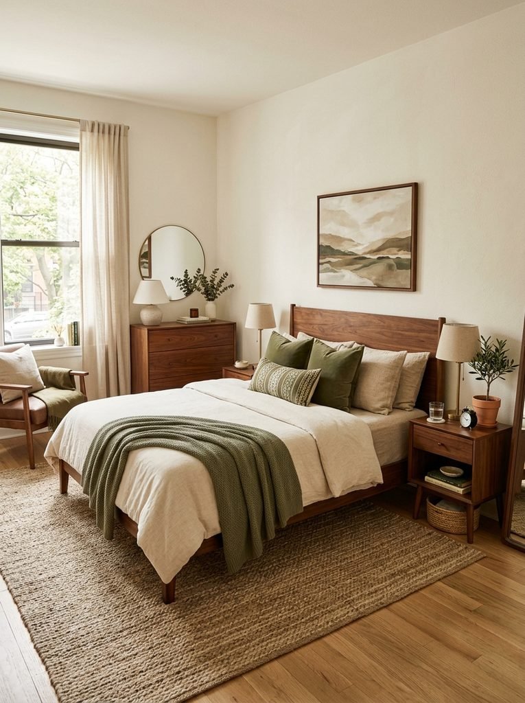 Warm neutral apartment bedroom with walnut furniture and muted olive accents.