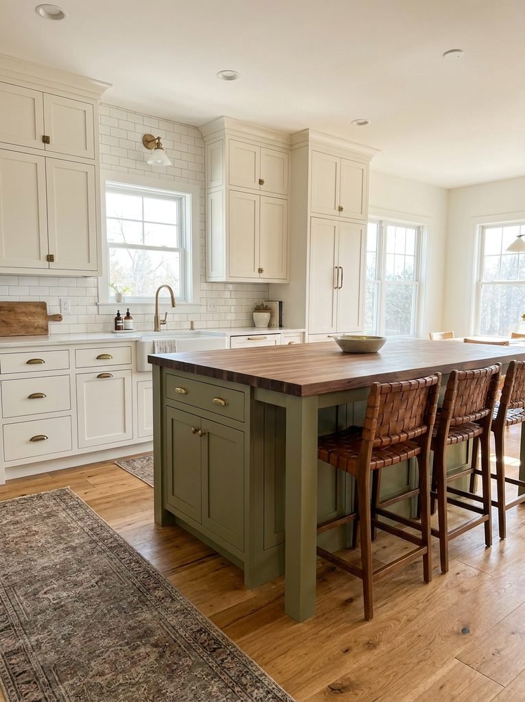 Warm white perimeter cabinets paired with a muted olive kitchen island.