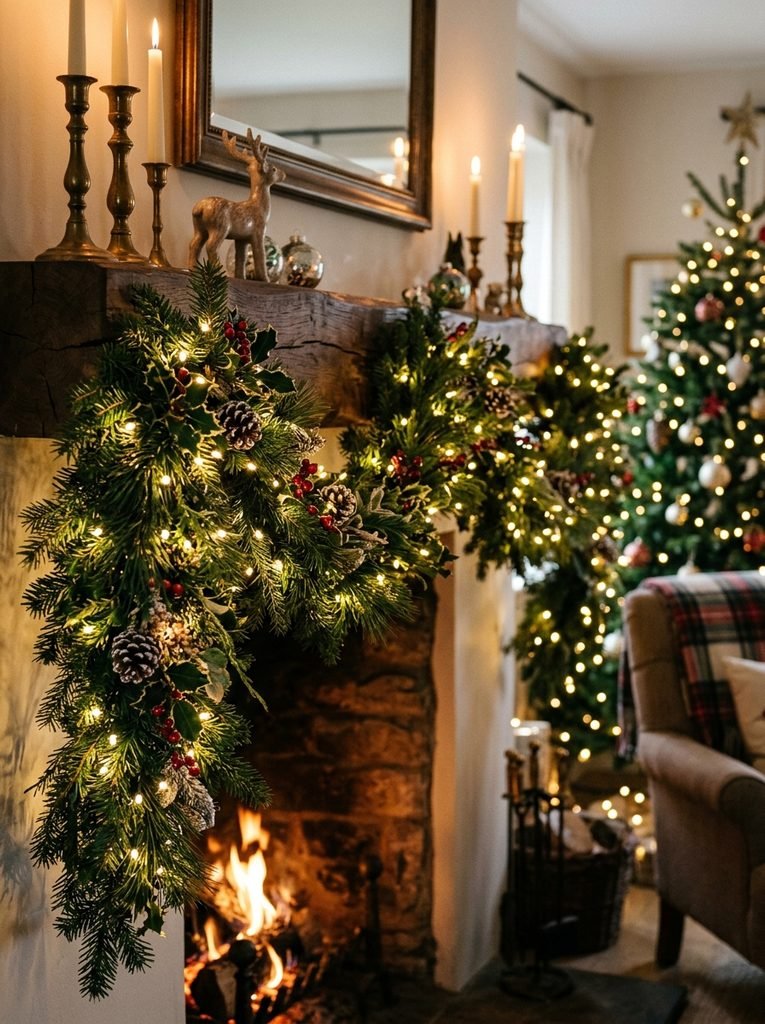 Warm white string lights woven consistently through Christmas garland