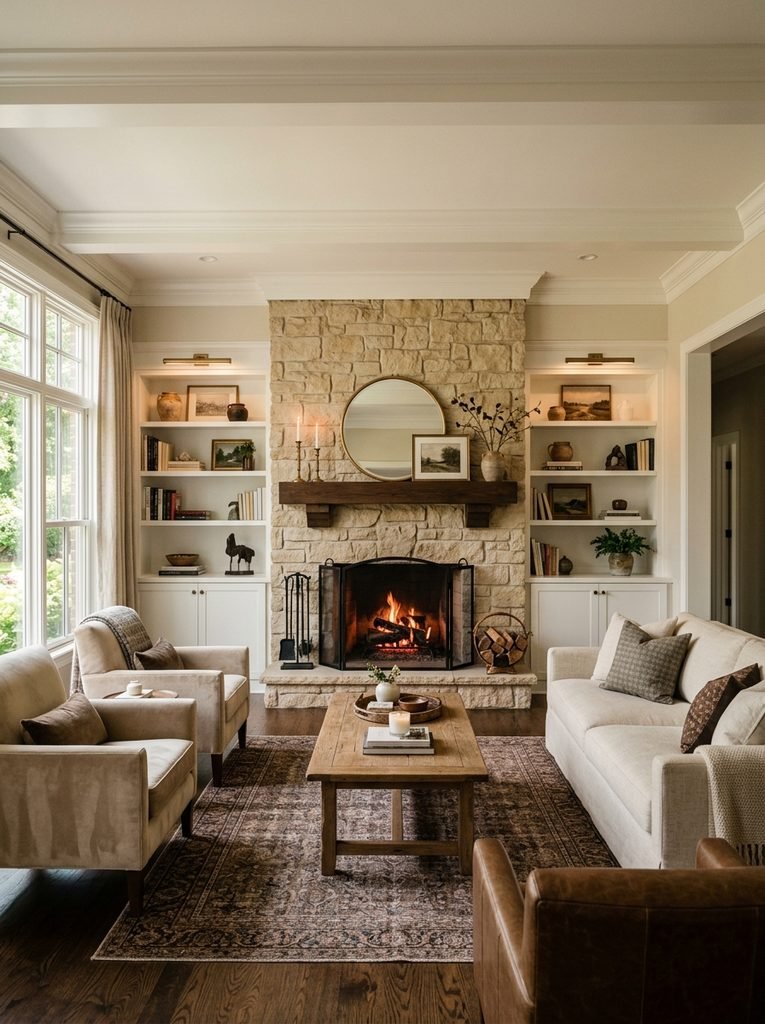 Well-proportioned living room fireplace wall designed around the room's main sightline.