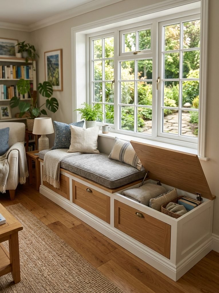 Window storage bench combining seating and concealed living room storage.