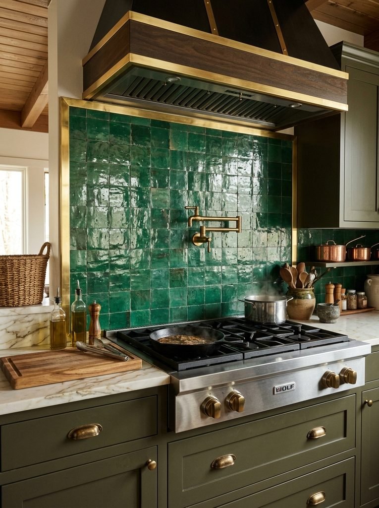 Zellige tile backsplash framed with brass trim behind a range, styled as a kitchen focal point.