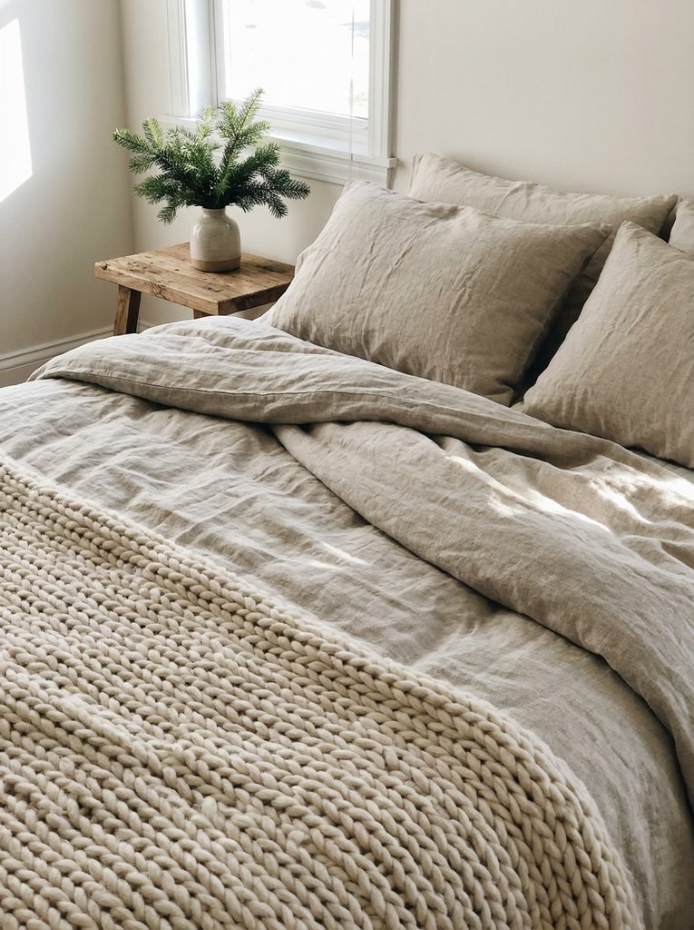 Neutral bedroom with oat linen bedding, chunky knit throw, and a small vase of evergreen on the nightstand