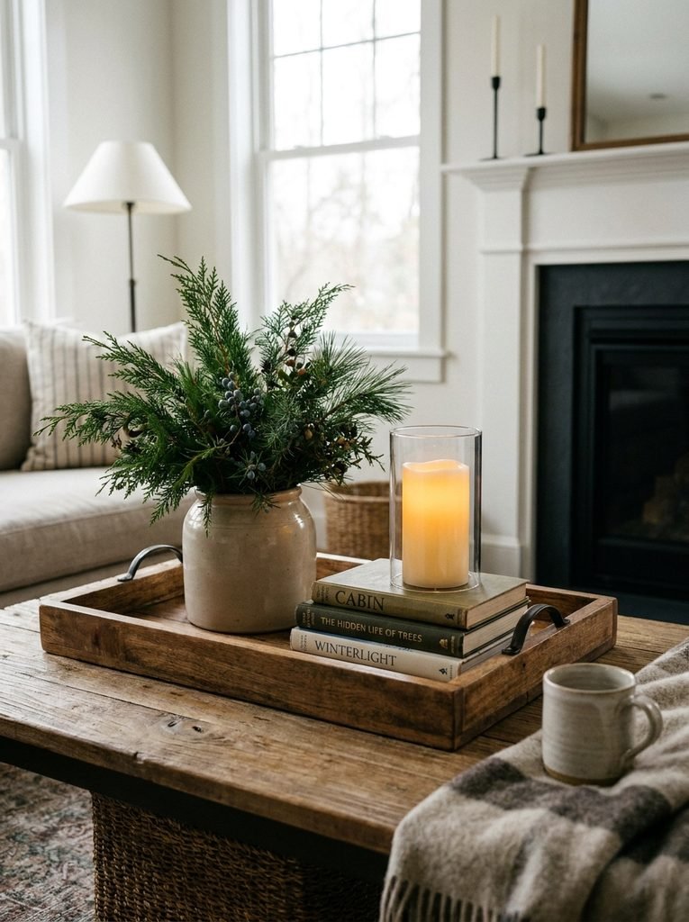 Coffee table styled with a wooden tray, small evergreen arrangement, stacked books, and a flameless candle