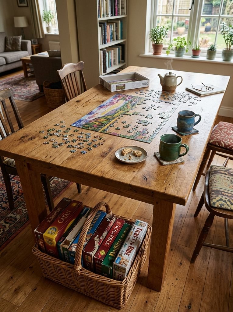 Oak table with a jigsaw puzzle in progress, tea mugs and a basket of board games