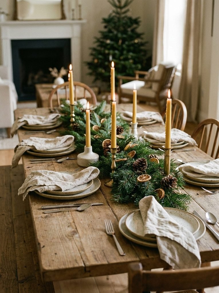 Neutral Christmas dining table with linen napkins, stoneware plates, evergreen centerpiece, and beeswax candles