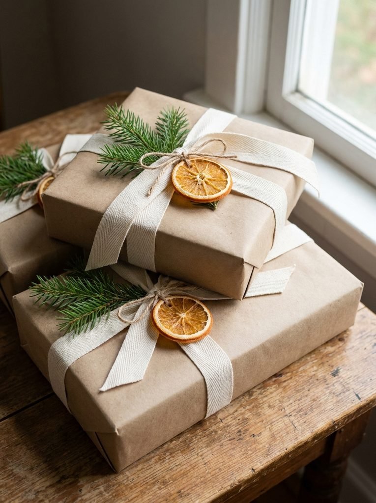 Neutral gift wrapping with kraft paper, cream ribbon, fresh pine sprigs, and dried orange slice tags