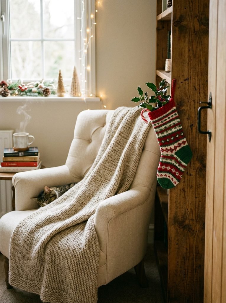 Bedroom reading corner with a cream armchair, knit throw and small Christmas stocking