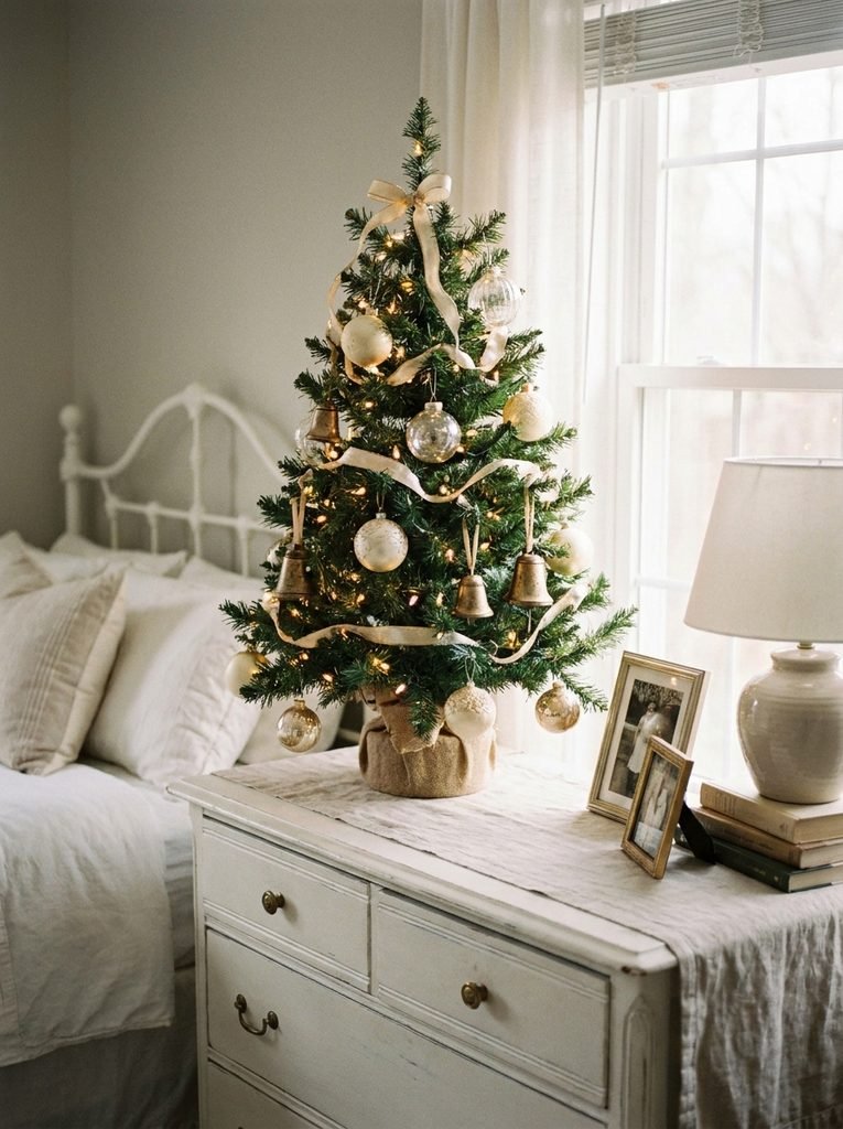 Small Christmas tree with cream and gold ornaments on a white bedroom dresser