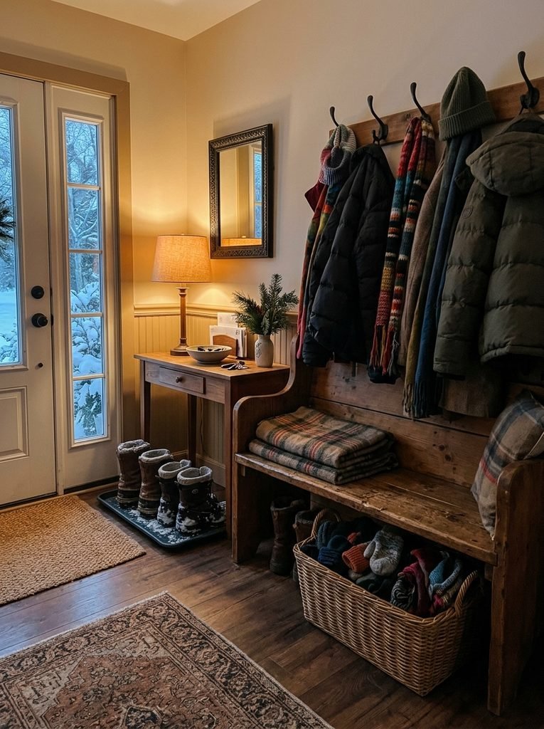 Winter entryway with coat hooks, a bench with a basket, a boot tray and a warm table lamp